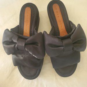 Designer Chie Mihara Black Satin Platforms Sandals, 7-8